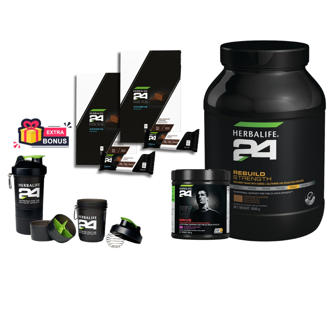 Herbalife FitHero SPORT PROTEIN PACK - CR7 Drive 540g, Rebuild Strenght, Double H24 Achieve Protein Bars Dark Chocolate